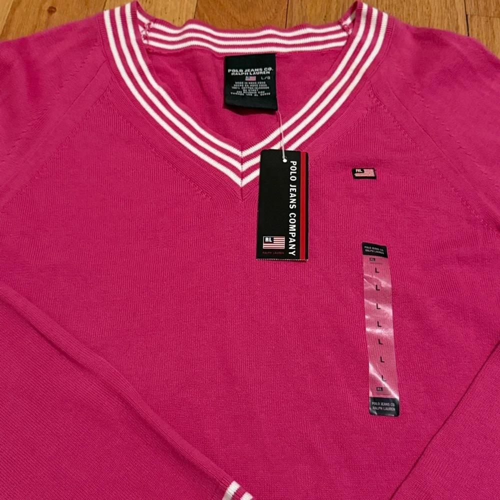 Polo by Ralph Lauren V-Neck Sweater Pink, White Stripes 100% Cotton Tenniscore - Picture 2 of 8